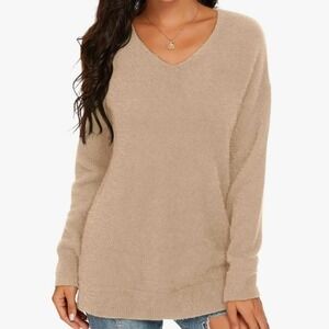 Qixing V-Neck Long Sleeves Side Split Fuzzy Knit Pullover Sweater Size XL